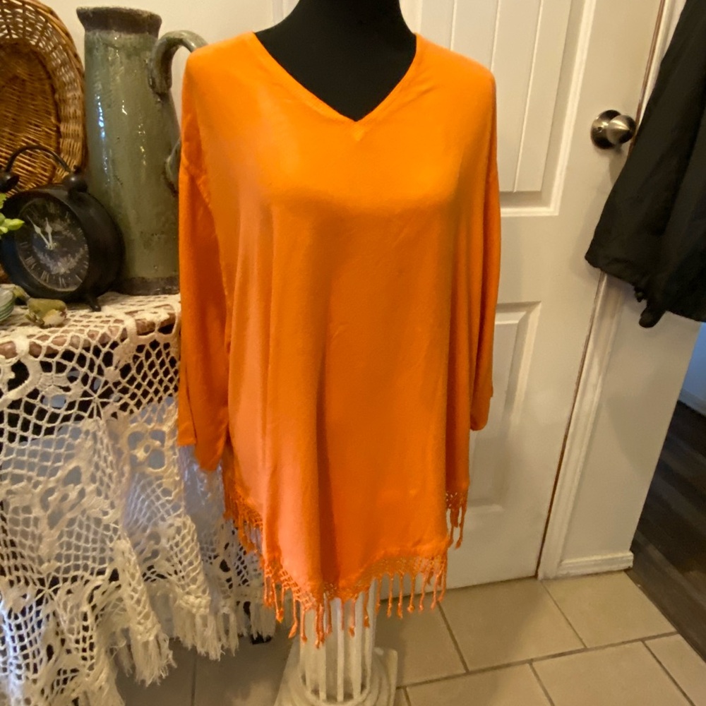 Dairi round neck fringe crochet blouse orange western boho top one size 120